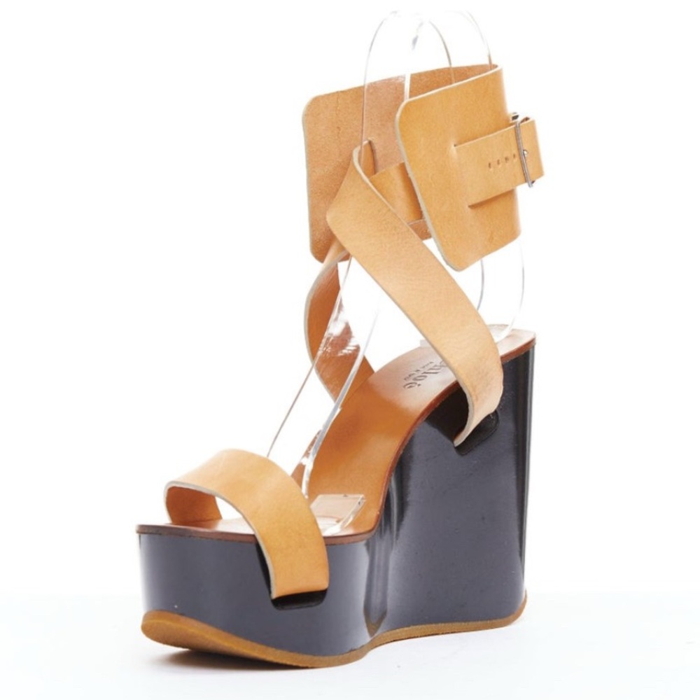 Signature Unique Chloe Tan Leather Wedge Crisscross Wood Platform Sandals - Picture 2 of 8